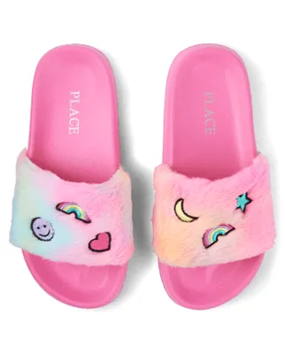 Girls Embroidered Icon Faux Fur Slides