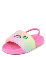 Toddler Girls Embroidered Icon Faux Fur Slides