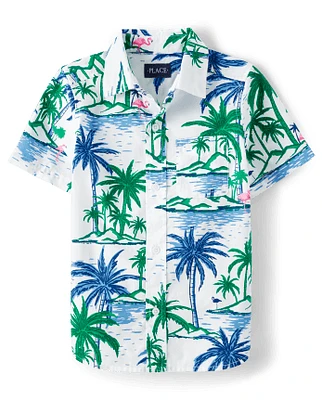 Boys Palm Tree Poplin Button Up Shirt