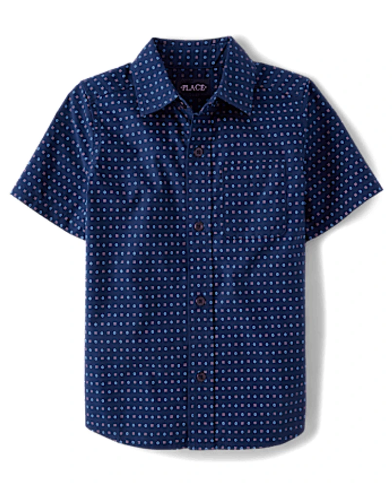 Boys Print Poplin Button Up Shirt