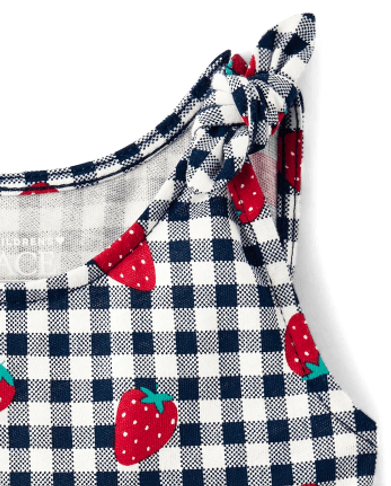 Baby And Toddler Girls Gingham Strawberry Tie Shoulder Dress