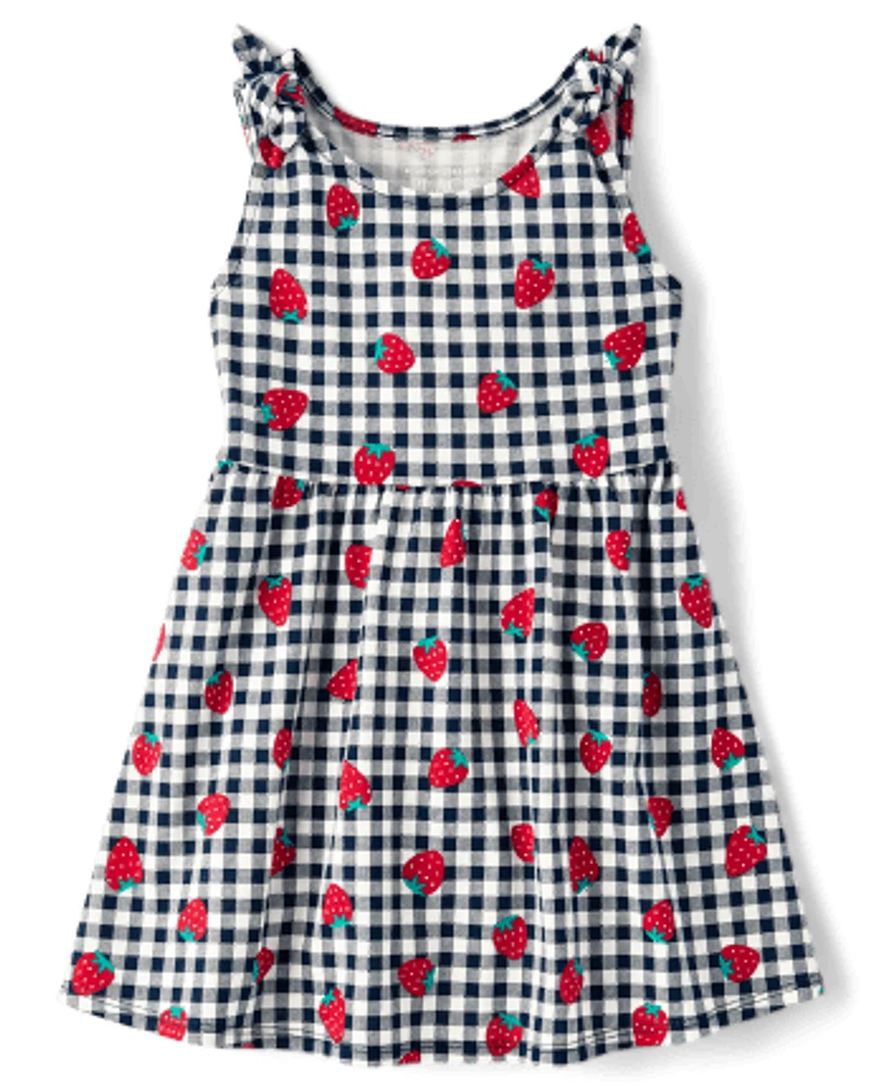 Baby And Toddler Girls Gingham Strawberry Tie Shoulder Dress