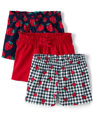 Toddler Girls Strawberry Paperbag Waist Shorts 3-Pack