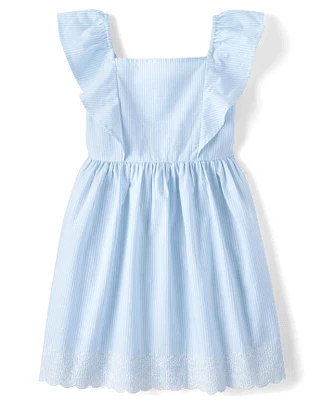 Girls Pinstripe Eyelet Poplin Fit And Flare Dress