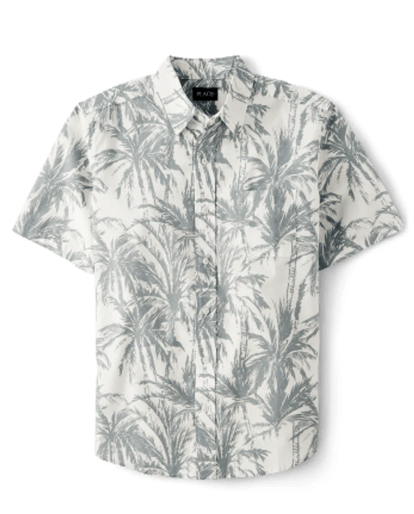 Mens Matching Family Palm Tree Poplin Button Up Shirt