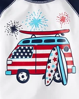 Baby And Toddler Boys American Flag Surfboard Van Rashguard