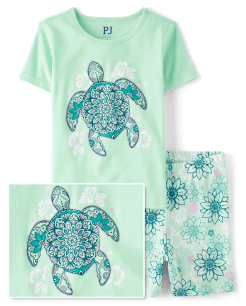 Girls Turtle Snug Fit Cotton Pajamas