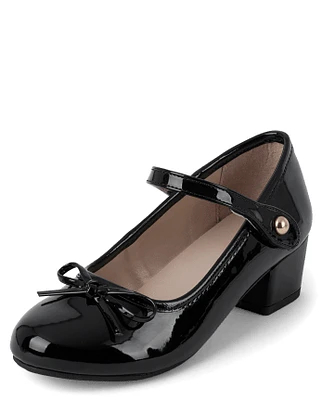 Girls Bow Faux Patent Leather Low Heel Shoes