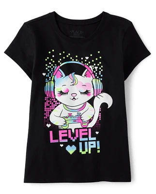 Girls Level Up Cat Graphic Tee