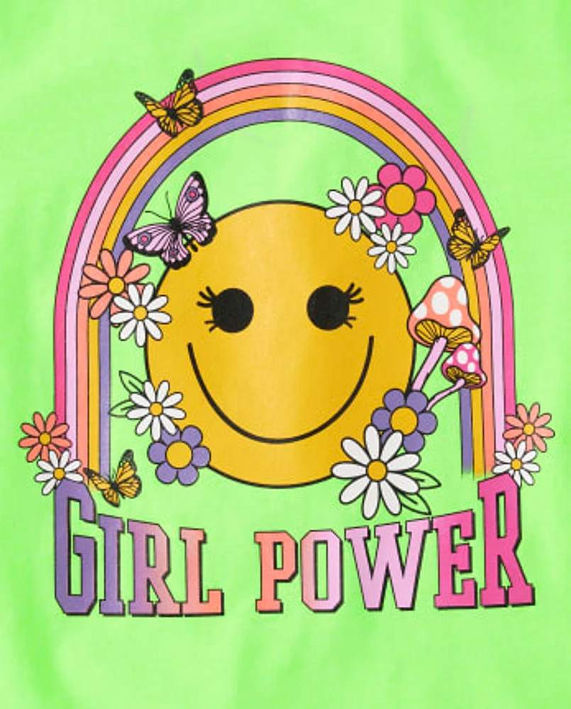 Girls Girl Power Happy Face Graphic Tee