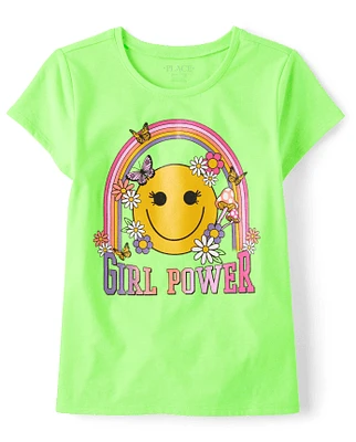 Girls Girl Power Happy Face Graphic Tee