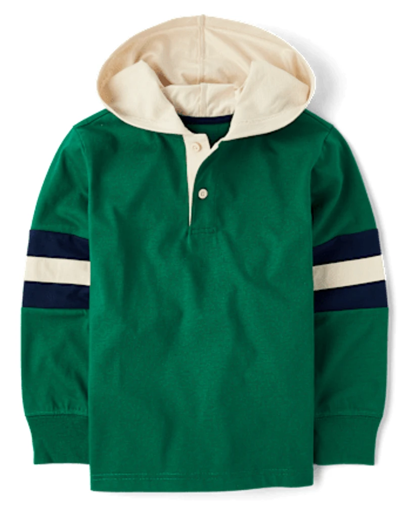 Boys Striped Henley Hooded Top