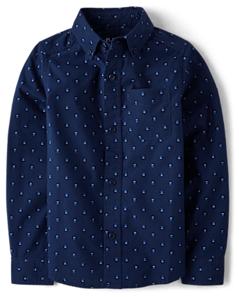 Boys Print Poplin Button Up Shirt