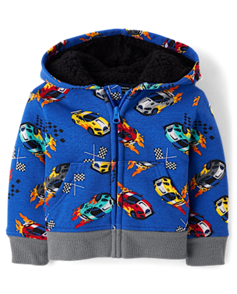 Baby And Toddler Boys Print Fleece Sherpa Lined Zip Up Hoodie