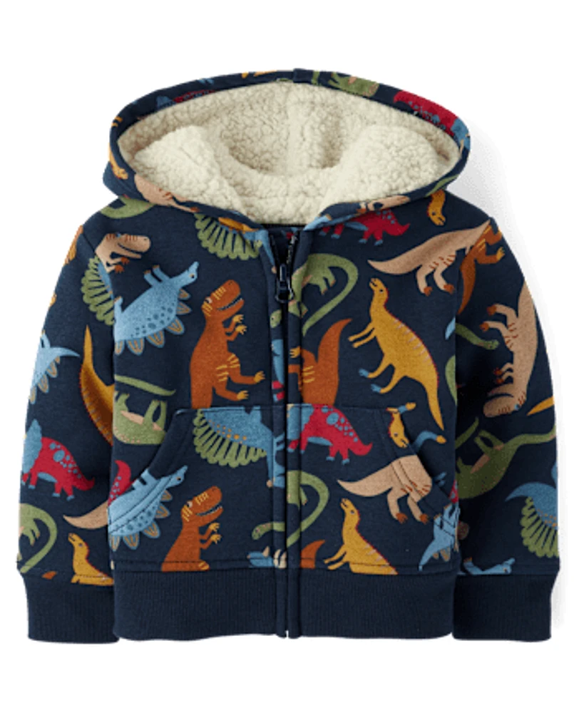 Baby And Toddler Boys Print Fleece Sherpa Lined Zip Up Hoodie