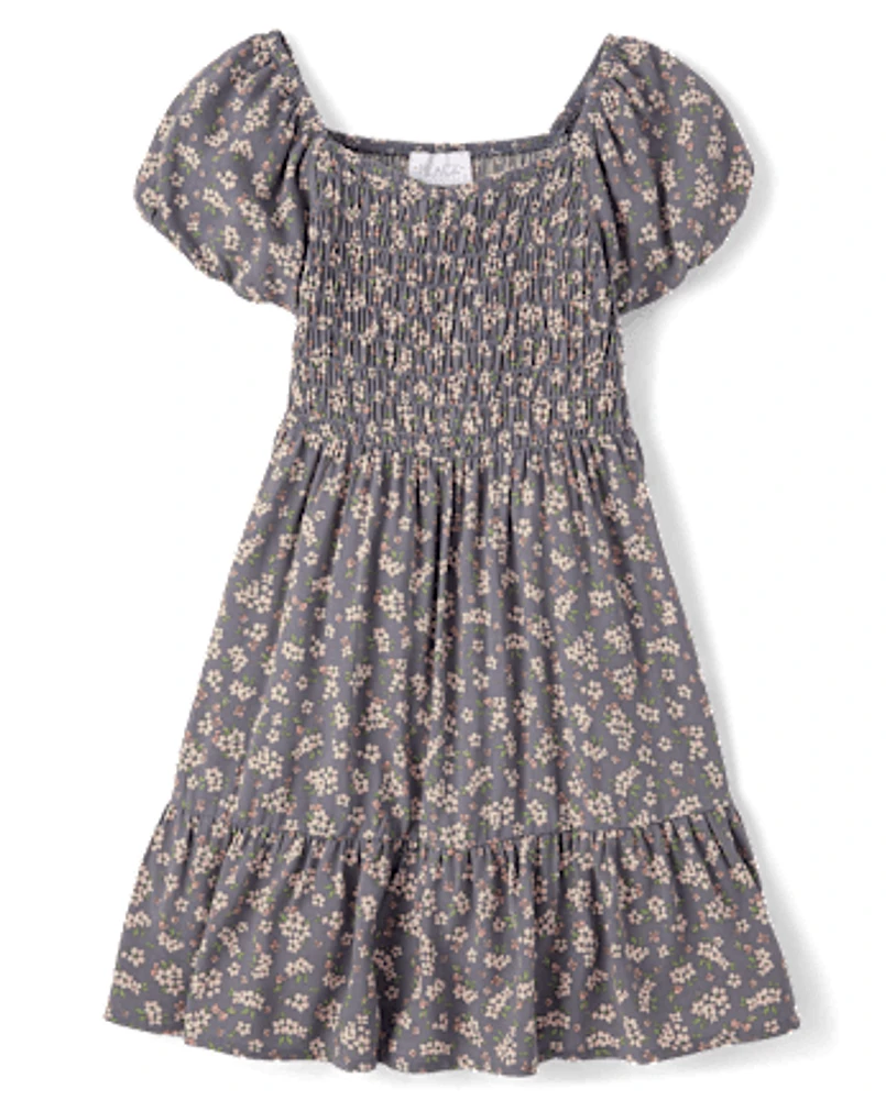 Girls Floral Smocked Ruffle Dress