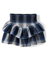 Girls Plaid Twill Smocked Tiered Skirt