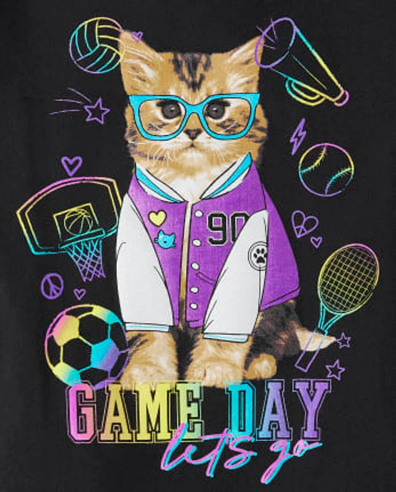 Girls Cat Game Day Graphic Tee