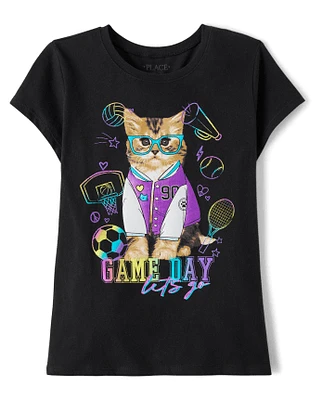 Girls Cat Game Day Graphic Tee