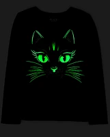 Girls Glow Black Cat Graphic Tee