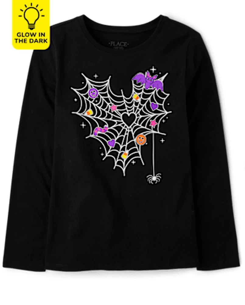 Girls Glow Spiderweb Heart Graphic Tee