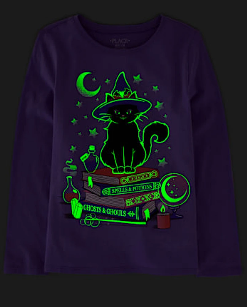 Girls Glow Cat Witch Graphic Tee