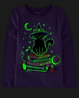 Girls Glow Cat Witch Graphic Tee