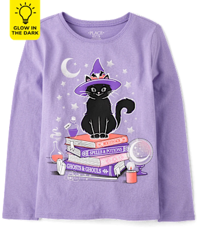 Girls Glow Cat Witch Graphic Tee