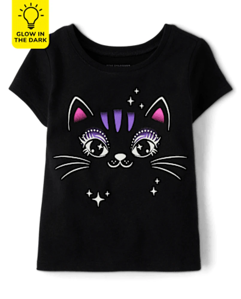 Baby And Toddler Girls Glow Black Cat Graphic Tee