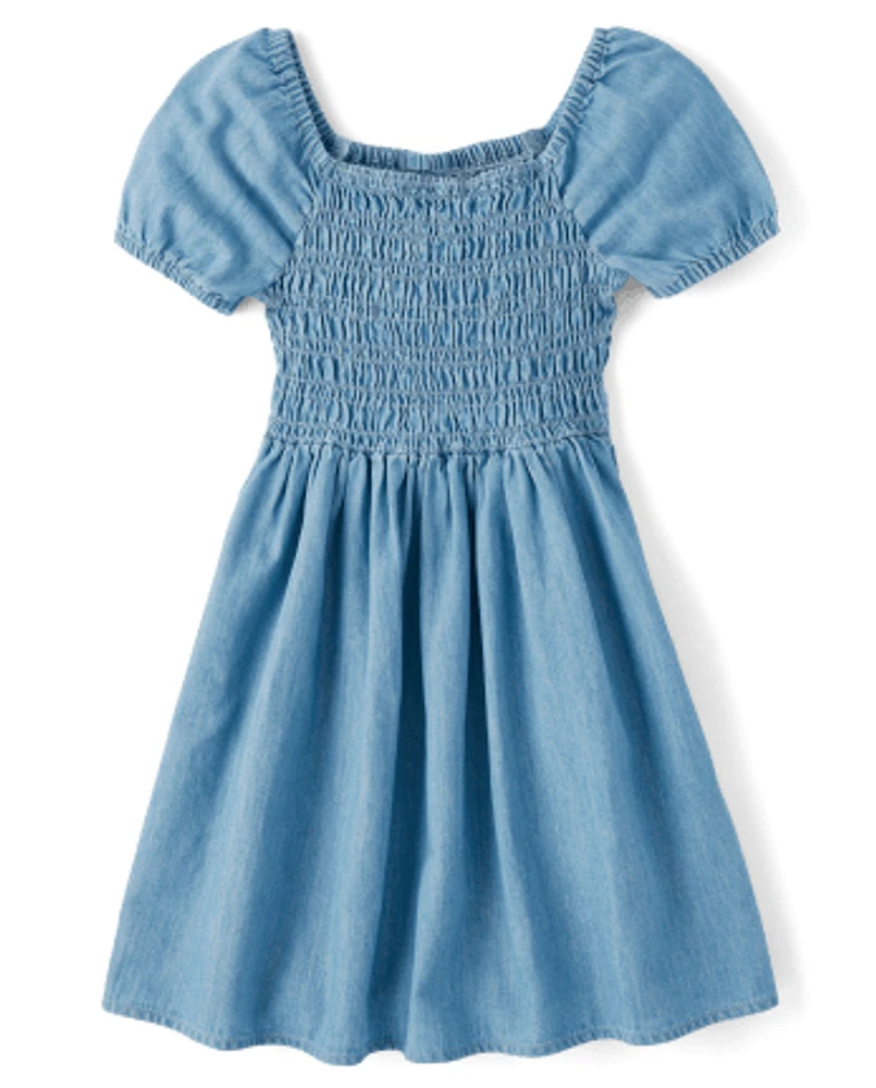 Girls Chambray Smocked Dress