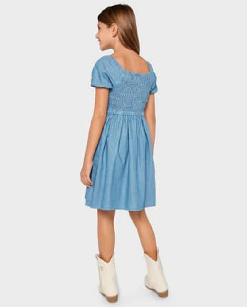 Girls Chambray Smocked Dress