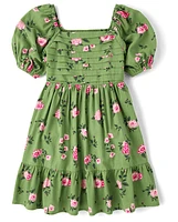 Girls Floral Pleated Ruffle Dress