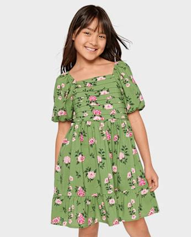 Girls Floral Pleated Ruffle Dress