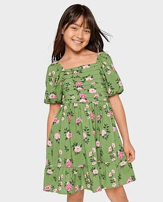 Girls Floral Pleated Ruffle Dress