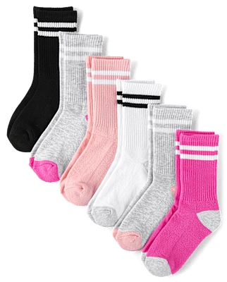 Girls Striped Cushioned Crew Socks 6-Pack