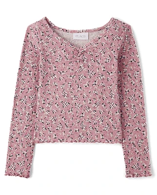 Girls Floral Ribbed Ruched Top