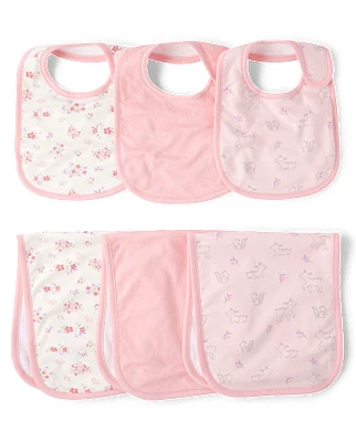 Baby Girls Floral Deer Bib And Burp Cloth 6-Piece Set