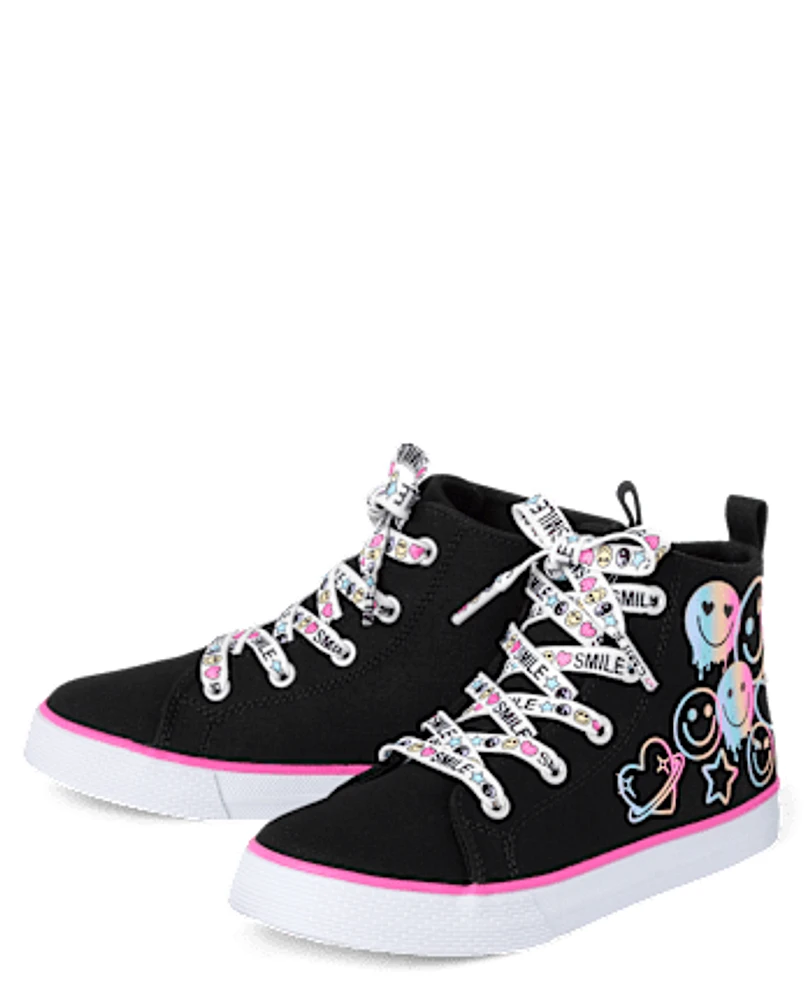 Girls Glitter Happy Face High Top Sneakers