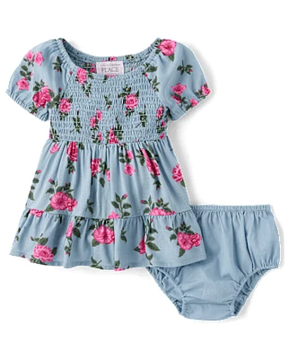 Baby Girls Floral Smocked Ruffle Dress