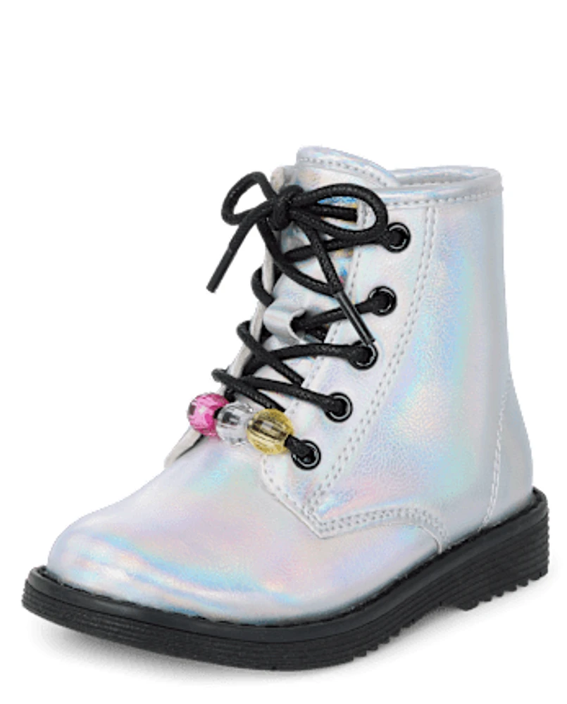 Toddler Girls Holographic Beaded Lace Up Booties