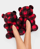 Unisex Kids Matching Family Buffalo Plaid Bear Slippers