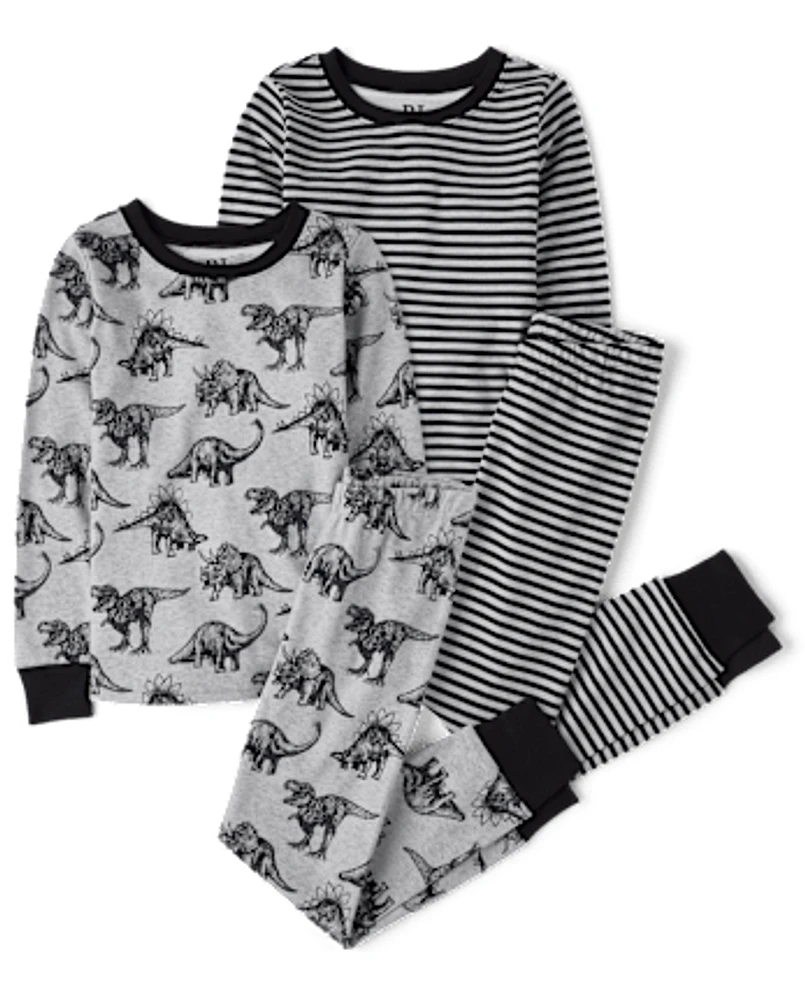 Boys Striped Dino Snug Fit Cotton Pajamas 2-Pack