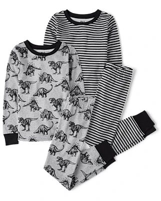 Boys Striped Dino Snug Fit Cotton Pajamas 2-Pack