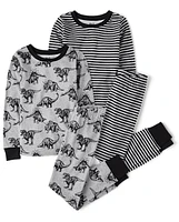 Boys Striped Dino Snug Fit Cotton Pajamas 2-Pack