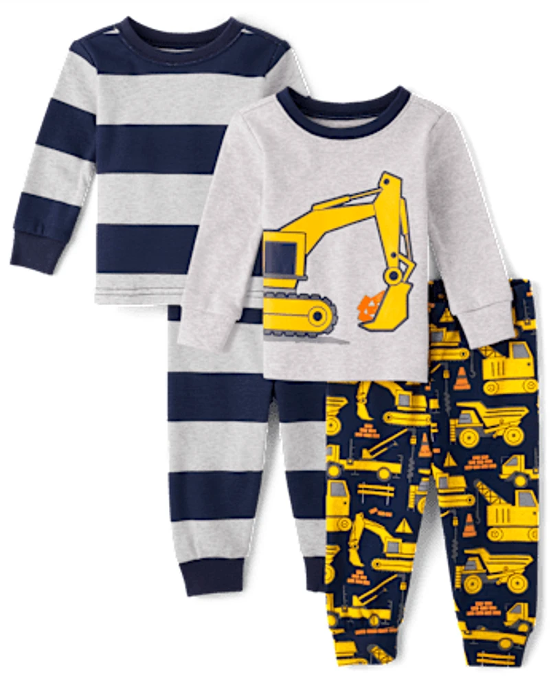 Baby And Toddler Boys Striped Construction Snug Fit Cotton Pajamas 2-Pack