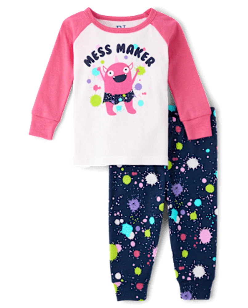 Baby And Toddler Girls Mess Maker Monster Snug Fit Cotton Pajamas