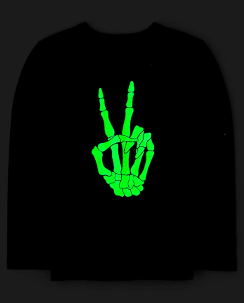 Unisex Kids Glow Skeleton Peace Sign Graphic Tee