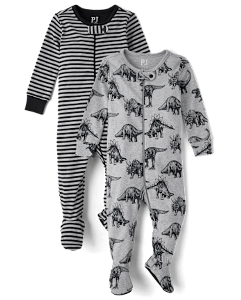 Baby And Toddler Boys Striped Dino Snug Fit Cotton Footed One Piece Pajamas 2-Pack