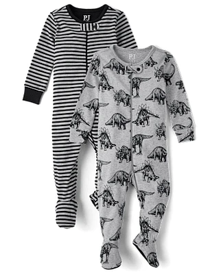 Baby And Toddler Boys Striped Dino Snug Fit Cotton Footed One Piece Pajamas 2-Pack