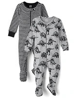 Baby And Toddler Boys Striped Dino Snug Fit Cotton Footed One Piece Pajamas 2-Pack